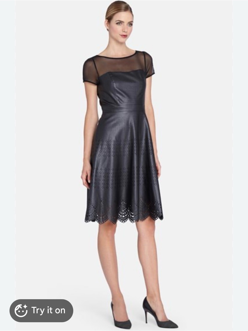 Catherine Malandrino Faix Leathr Black Mesh A-Line Dress, laser cuts, size 10